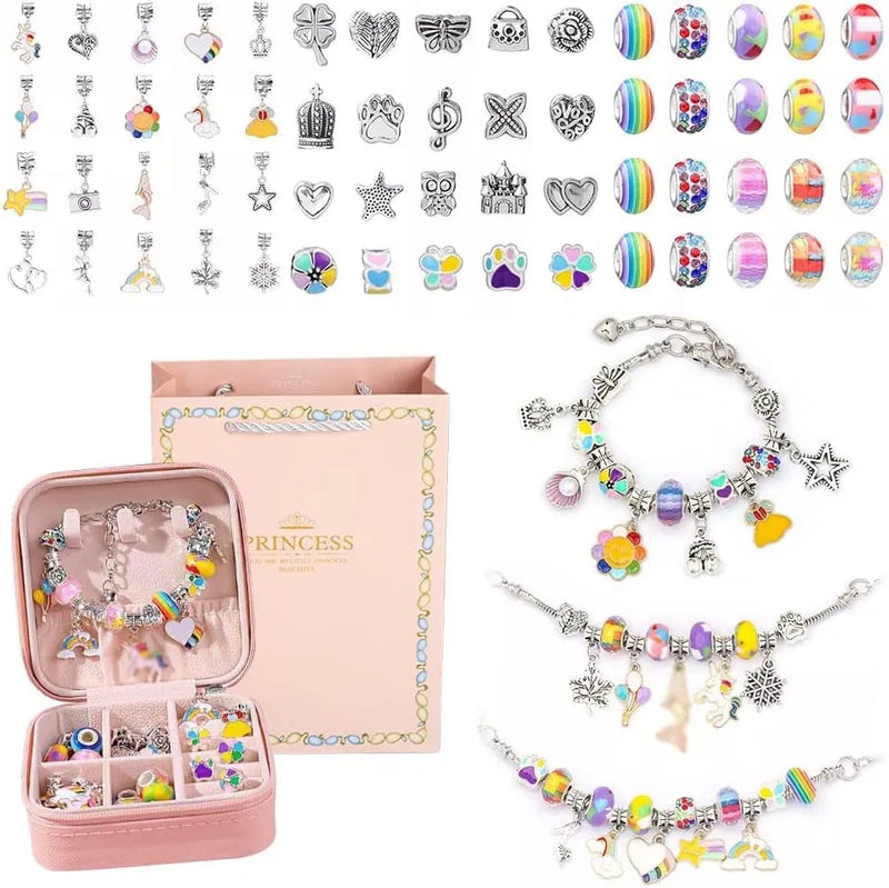 Pulseira Criativa - Kit com Pulseiras + Colares + Berloques, pingentes + Brinde Porta joias em couro