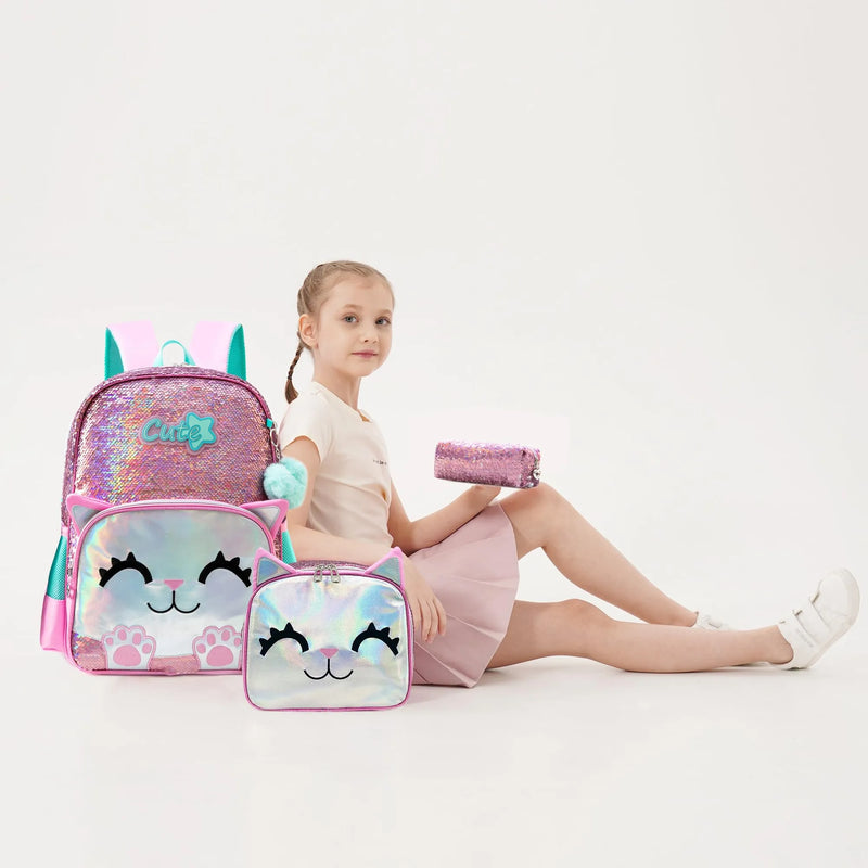 Kit 3 Peças Escolar Meetbelifey com Lantejoulas - Mochila + Bolsa + Estojo