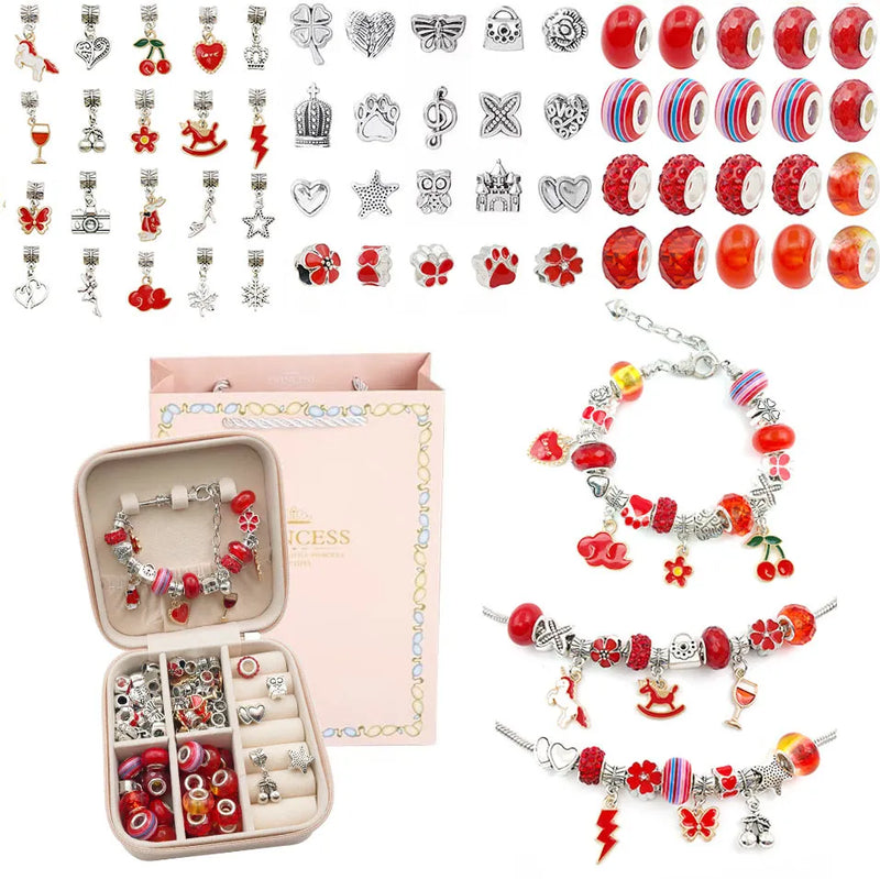 Pulseira Criativa - Kit com Pulseiras + Colares + Berloques, pingentes + Brinde Porta joias em couro