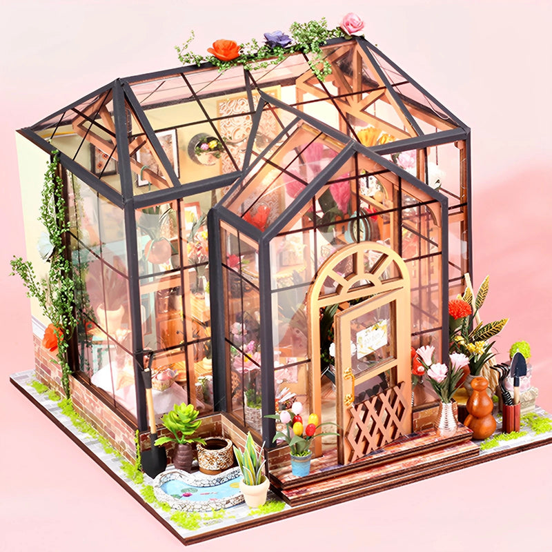 Kit de Casa de Boneca em Miniatura DIY 3D Jardim com Luz LED